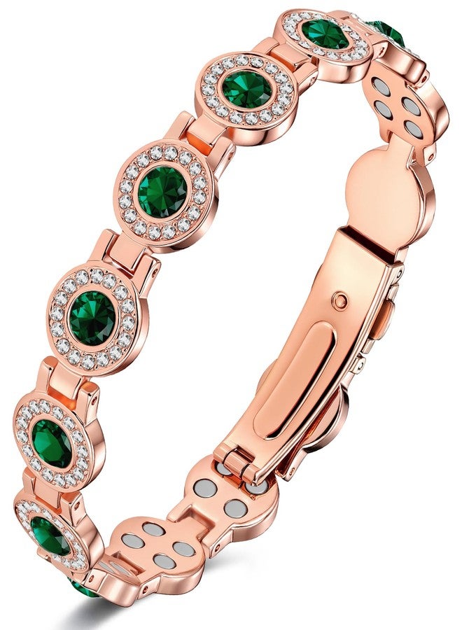 Feraco Pure Copper Bracelets for Women, 4X Ultra Strength Magnetic Bracelet with 3800 Gauss Neodymium Magnets & Sparkling Austrian Cut Emerald Crystals, Adjustable Jewelry Gift - Image 1